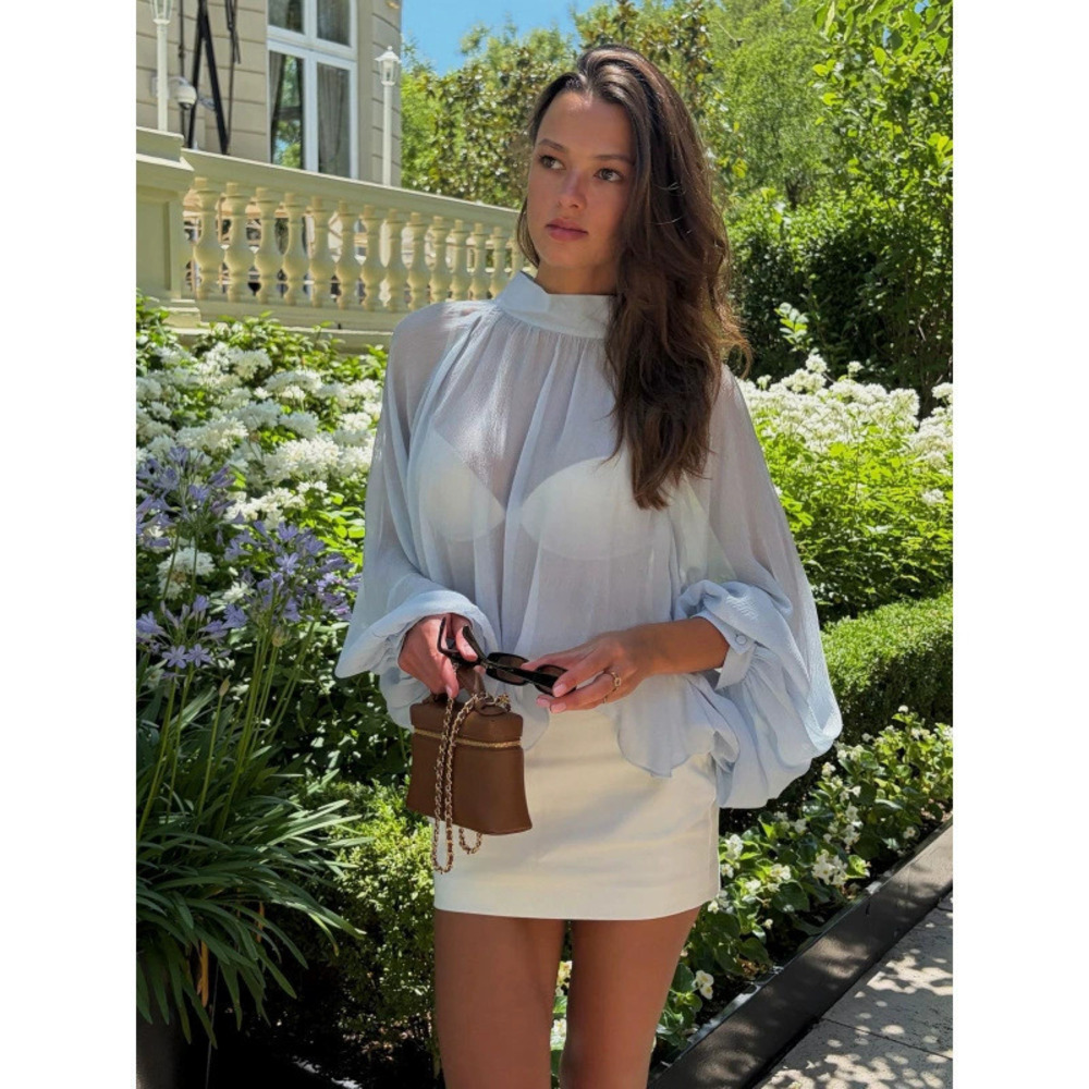 Zara Sheer Chiffon Lantern Sleeve Loose Pullover Long Sleeve Round Neck Top